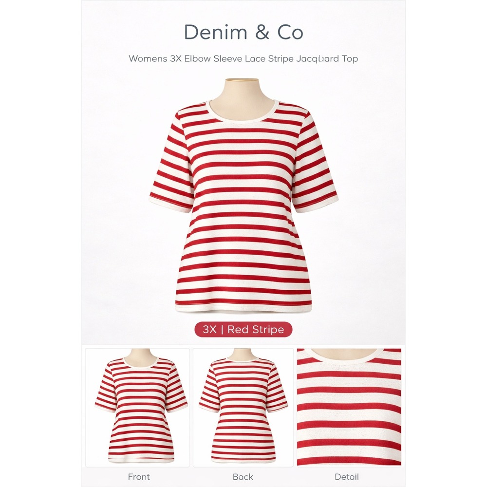 Denim & Co Womens 3X Red White Stripe Lace Jacquard Elbow Sleeve Top Plus‎ Size